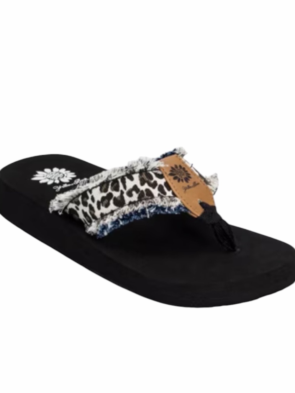 New! Yellow Box Fayth Sandal Black Flip Flops with Leopard-Print Frayed Size 8 - Picture 3 of 12